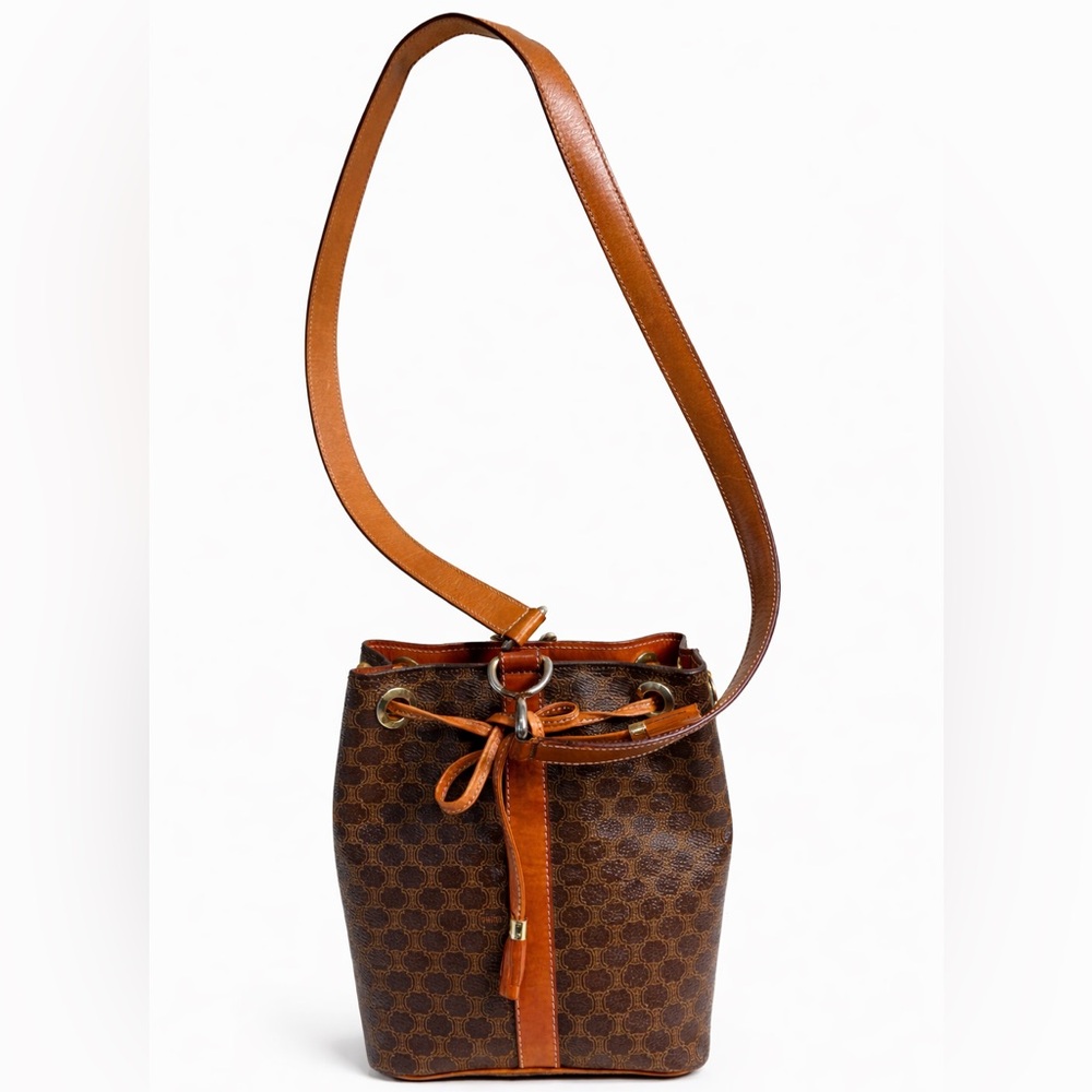 Vintage CELINE Paris Macadam Bucket Bag Brown Monogram Leather Italy 90s Bag - Picture 7 of 13